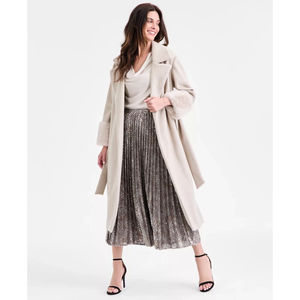 Anne Klein Womens Brushed Felt Wrap Coat With Faux Fur Cuffs Coat Size Small NEW